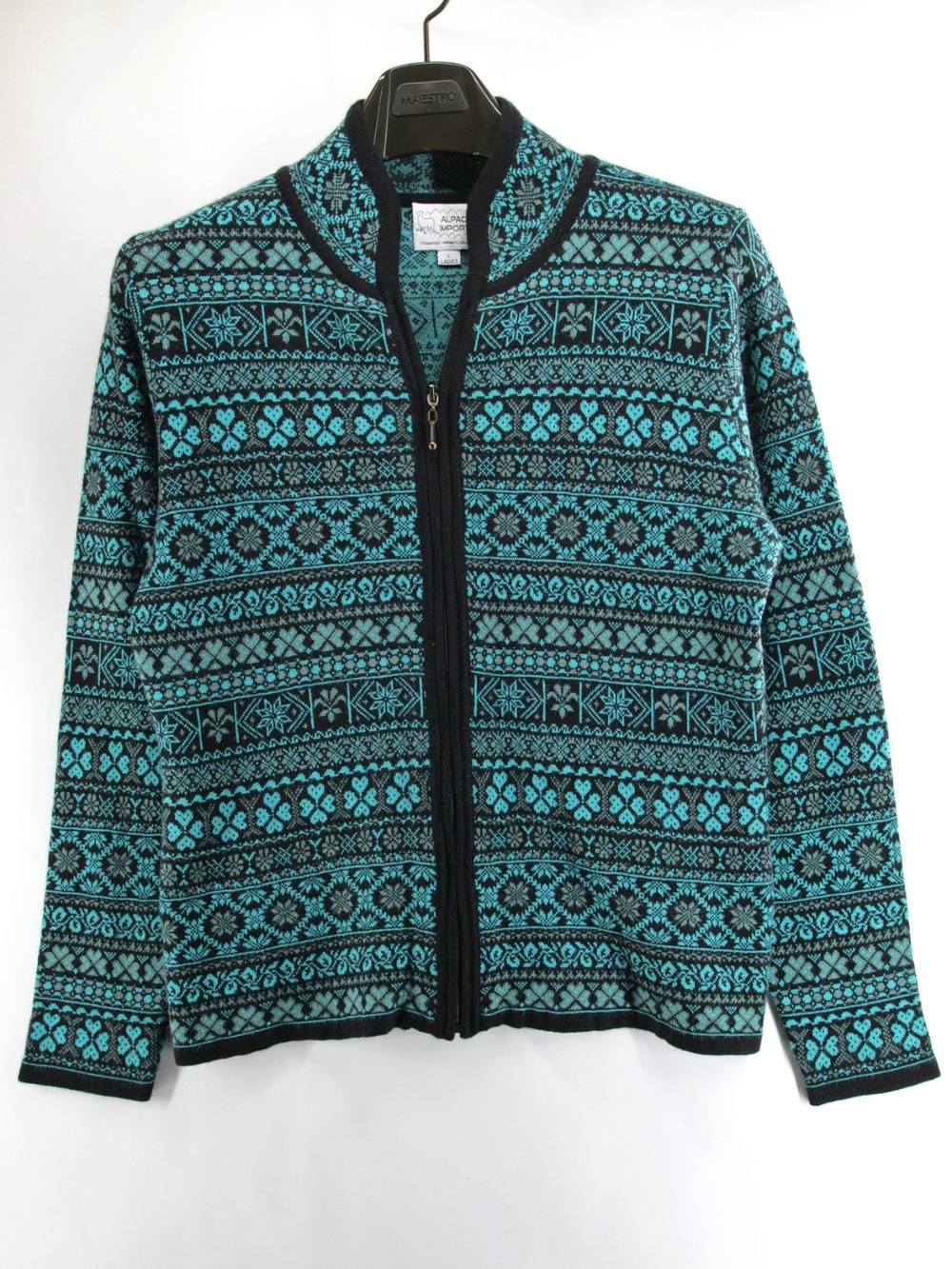 Alpaca Imports Wool Blend Full Zip Cardigan Sweater Teal Fair Isle Womens Large